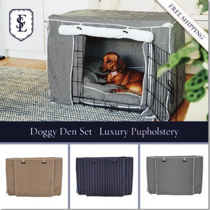 Pet furniture ad: doggy den set, luxury pupholstery