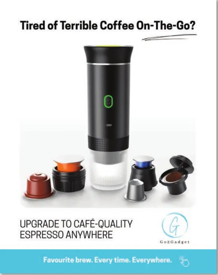 Portable espresso ad: caf&eacute;-quality coffee anywhere
