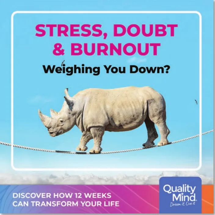 Mindset coaching ad with a rhino balancing on a rope
