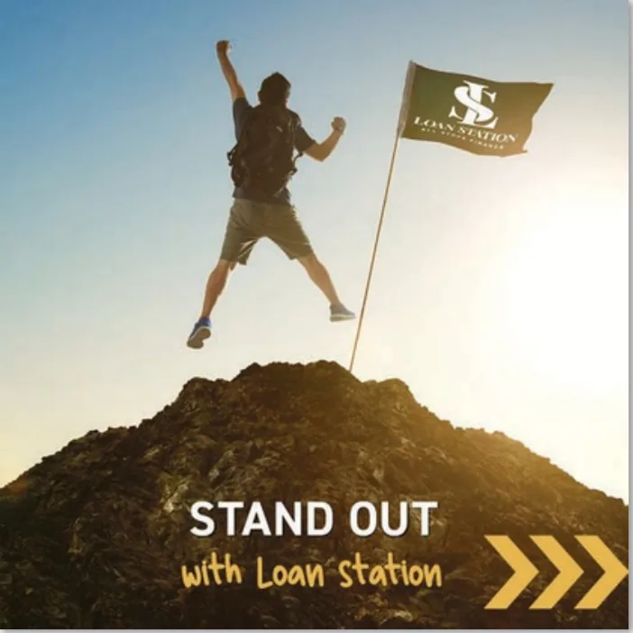 Business finance ad: stand out, flag planted on a summit