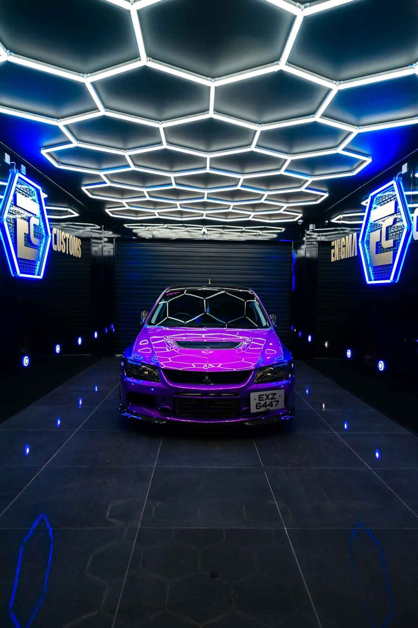 Custom vehicle workshop lit for a shoot