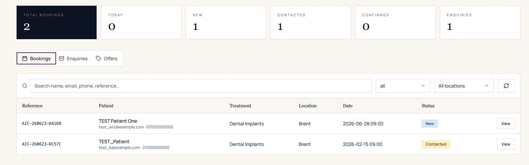 Bookings dashboard with totals by status and a searchable table