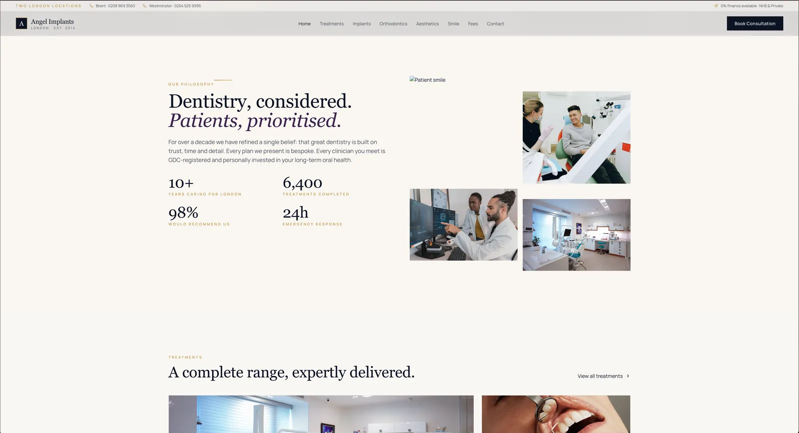 Philosophy section reading Dentistry, considered. Patients, prioritised. with stats and team photos