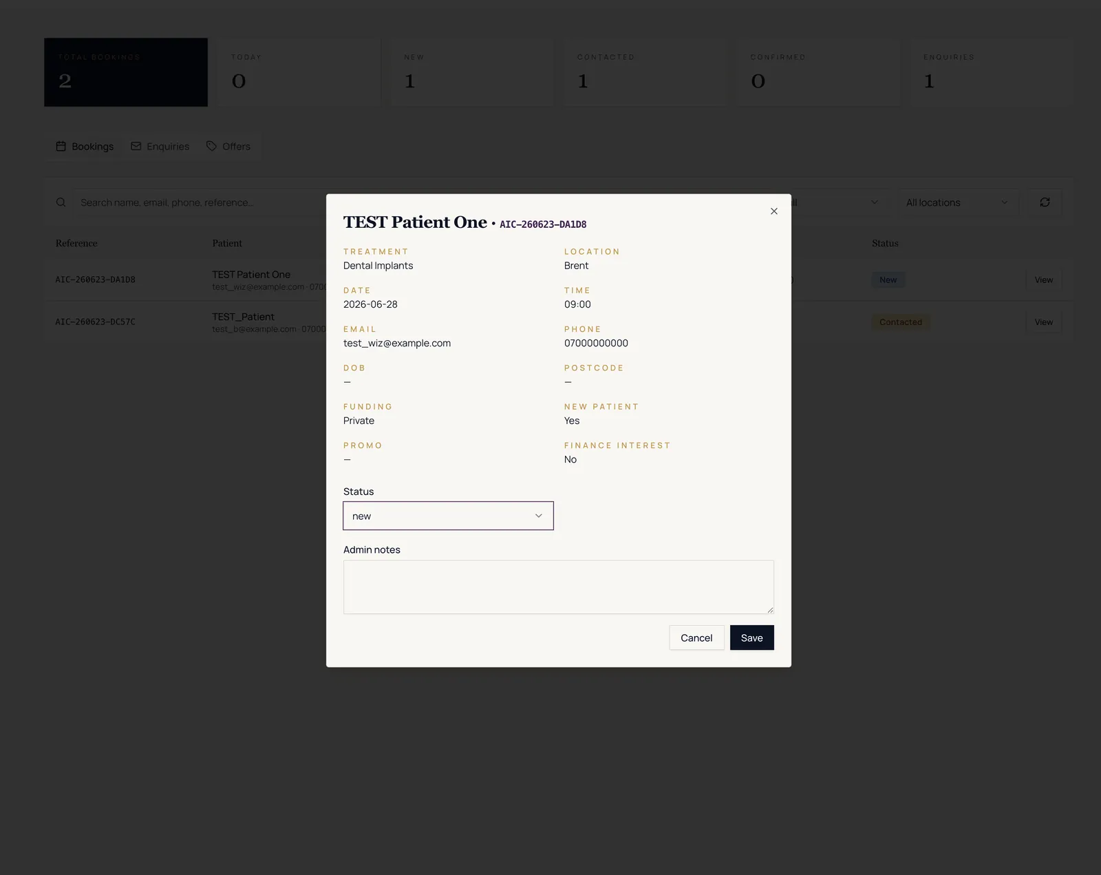 A single booking record with status control and admin notes