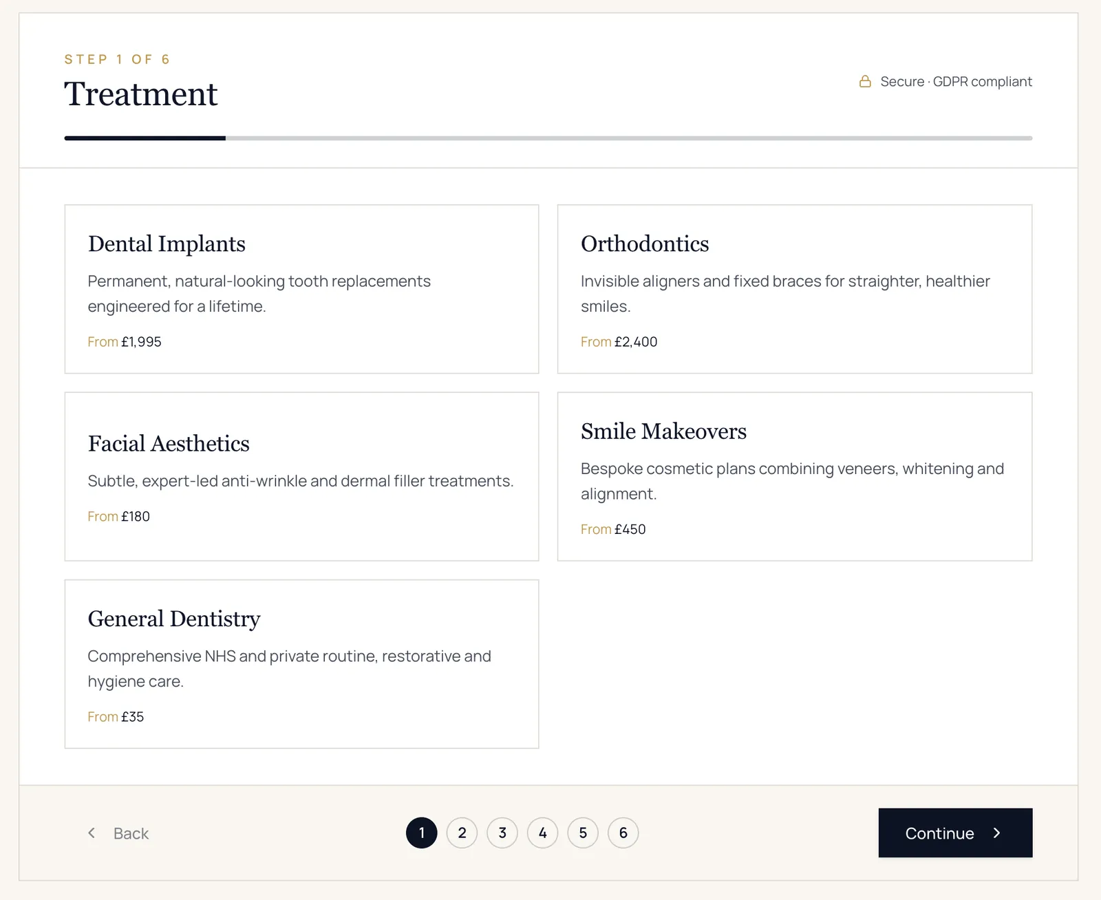 Booking step one: choose a treatment with guide prices