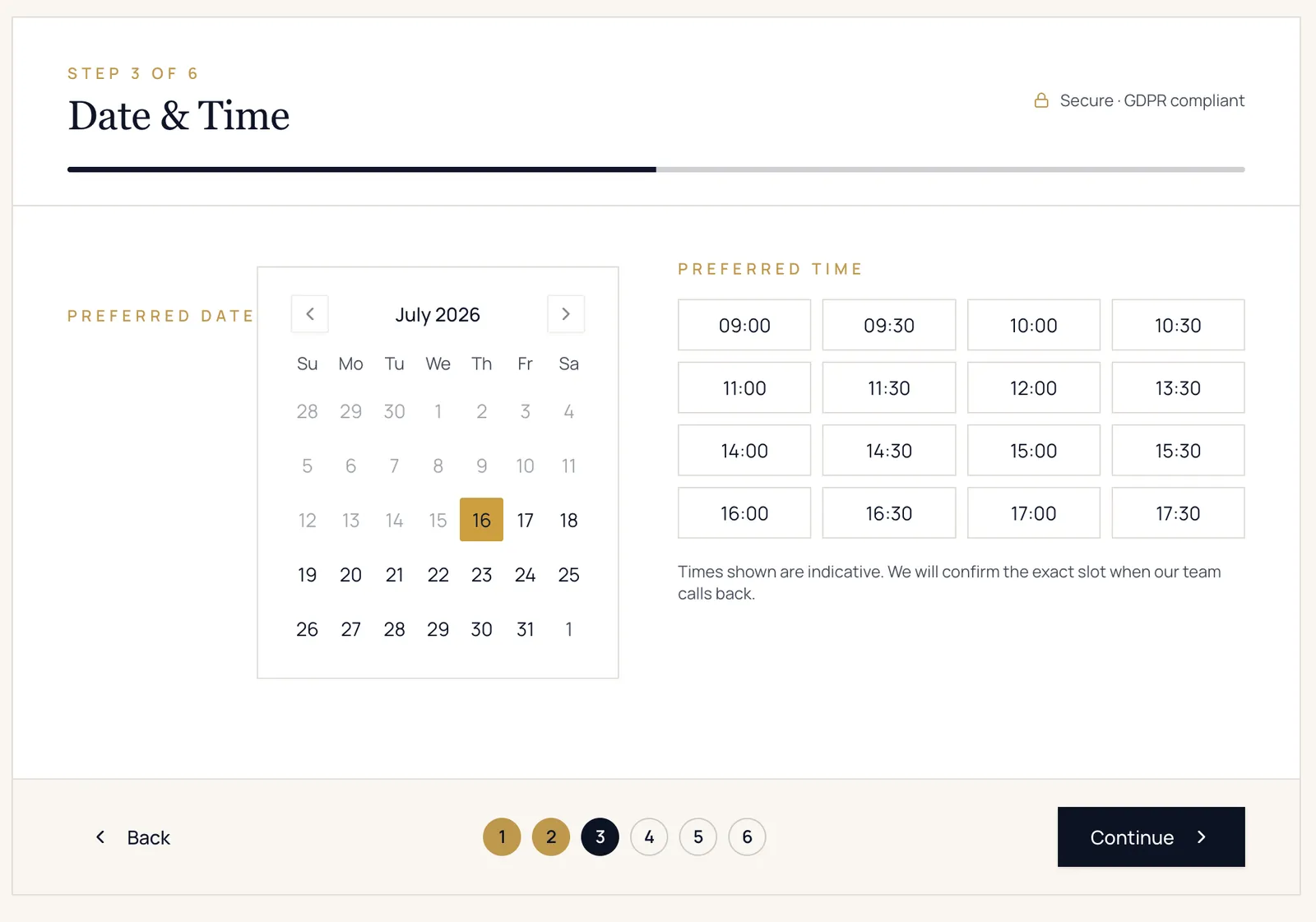 Booking step three: calendar and preferred time slots
