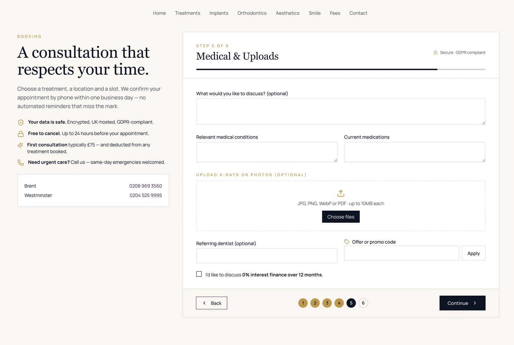 Booking step five in page context: medical questions, x-ray uploads and trust points