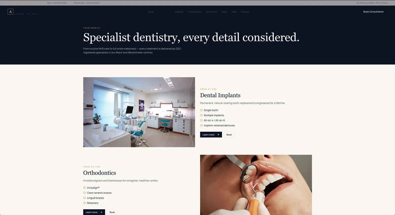Treatments section with clear explanations and booking buttons