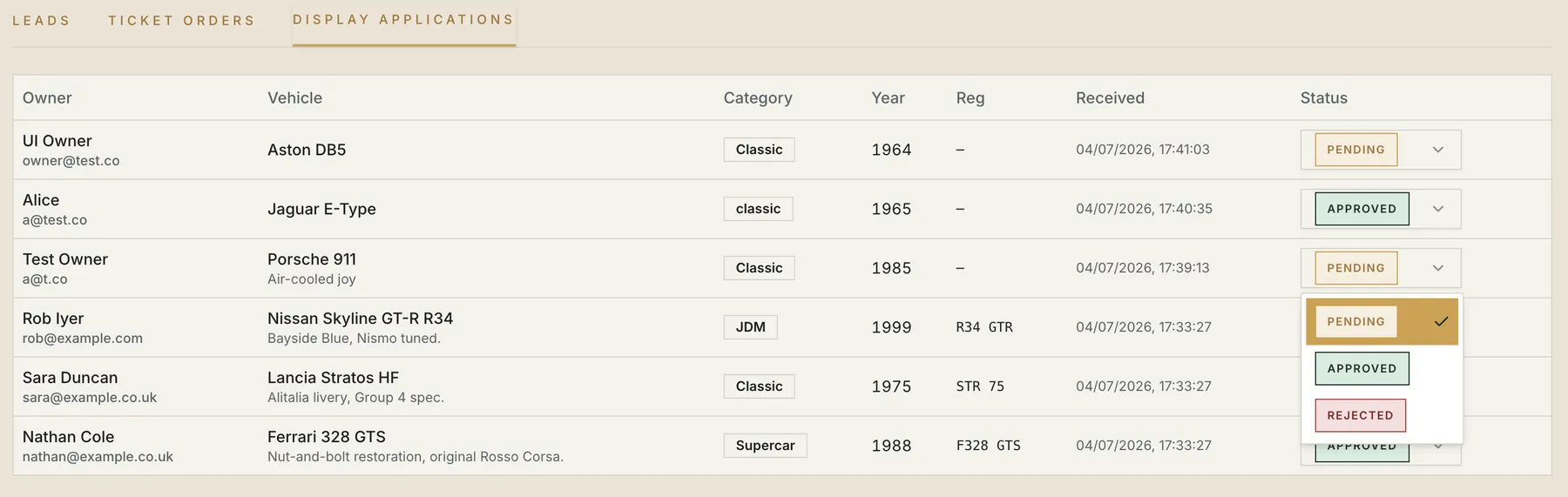 Applications queue with pending, approved and rejected statuses