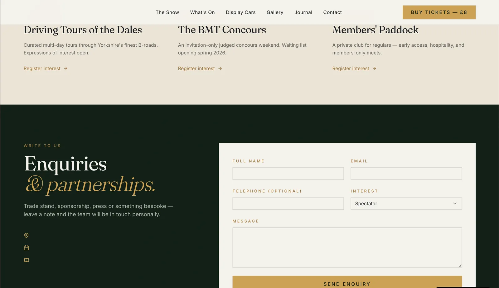 Partnerships and enquiries page capturing tour, concours and partner requests