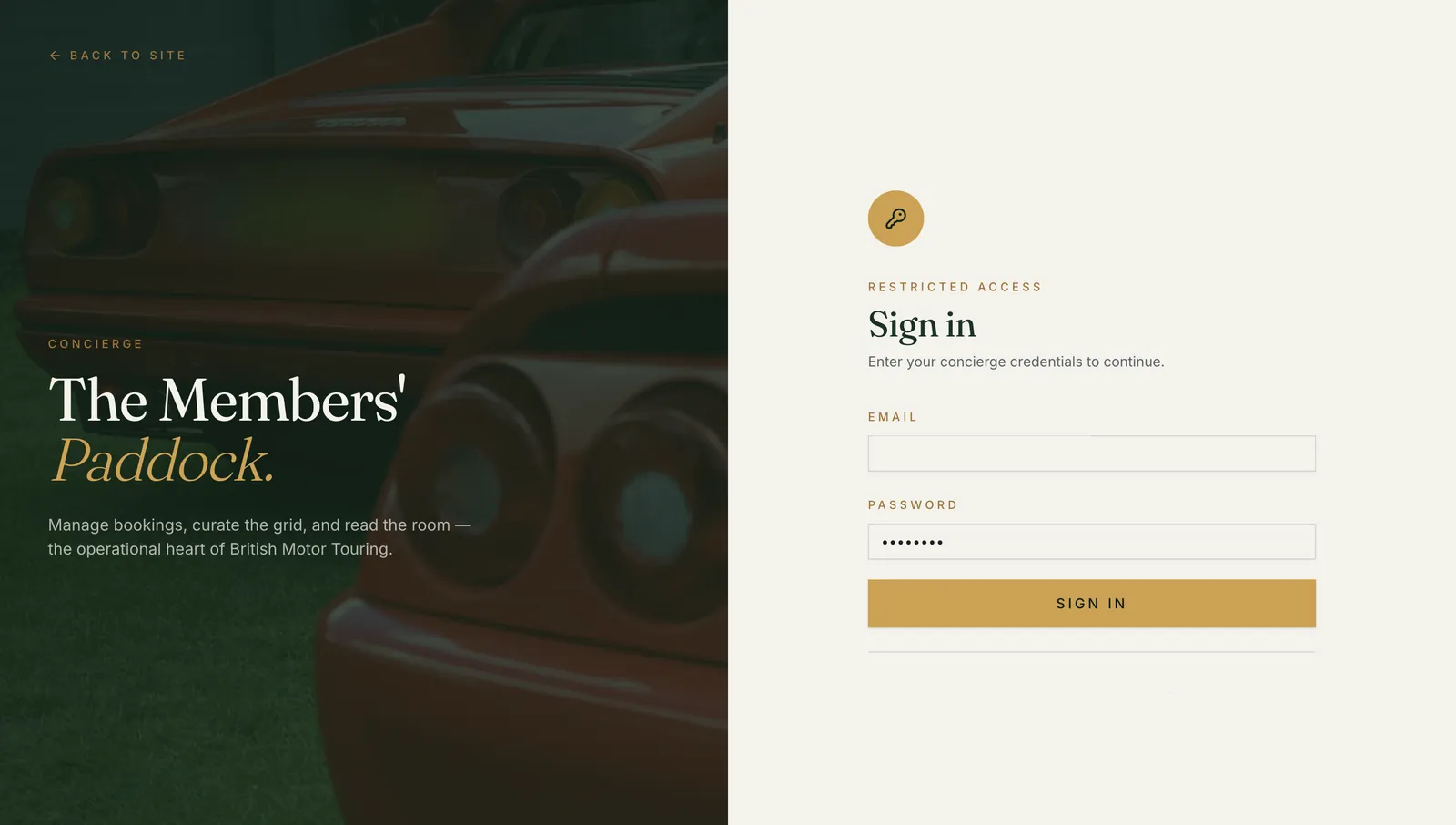 Private members area sign-in screen