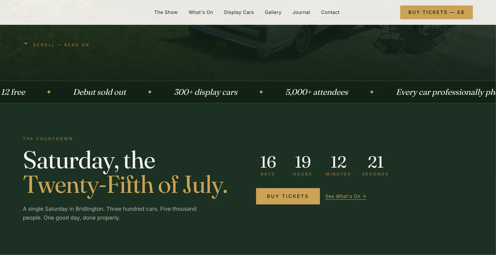 Classic motor show website with a live countdown to the event day