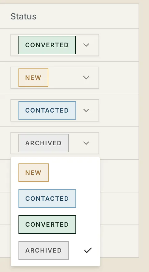 One-tap status controls: new, contacted, converted, archived