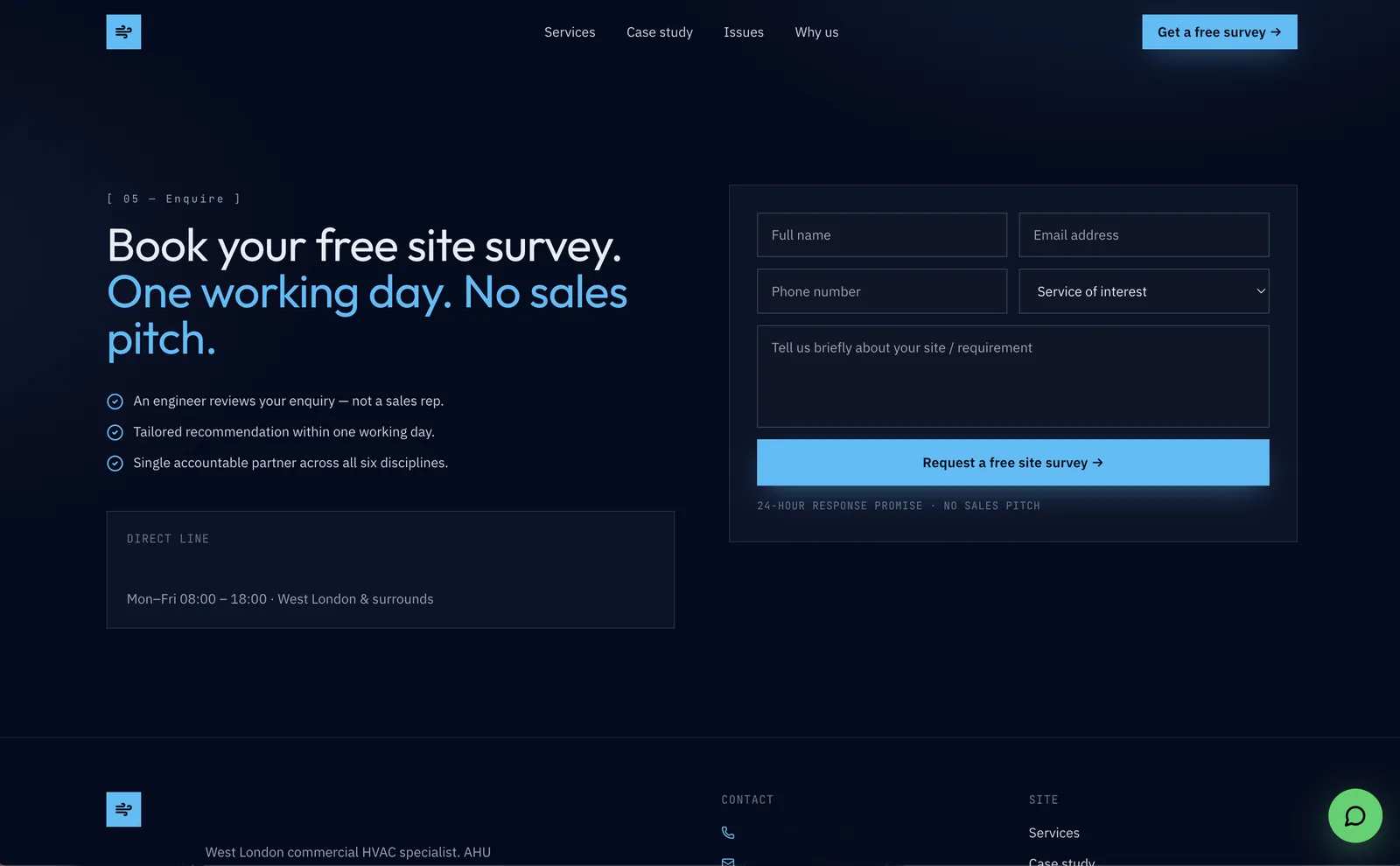 Survey booking page with a short enquiry form