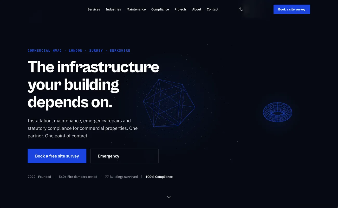 Design direction: deep navy, infrastructure-led route for the same brand