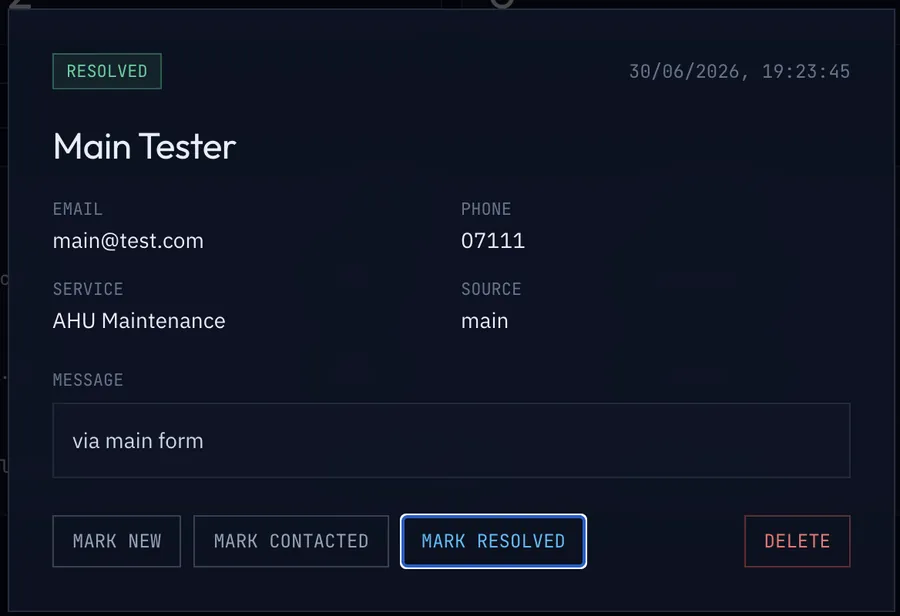 A single lead record with one-click status controls