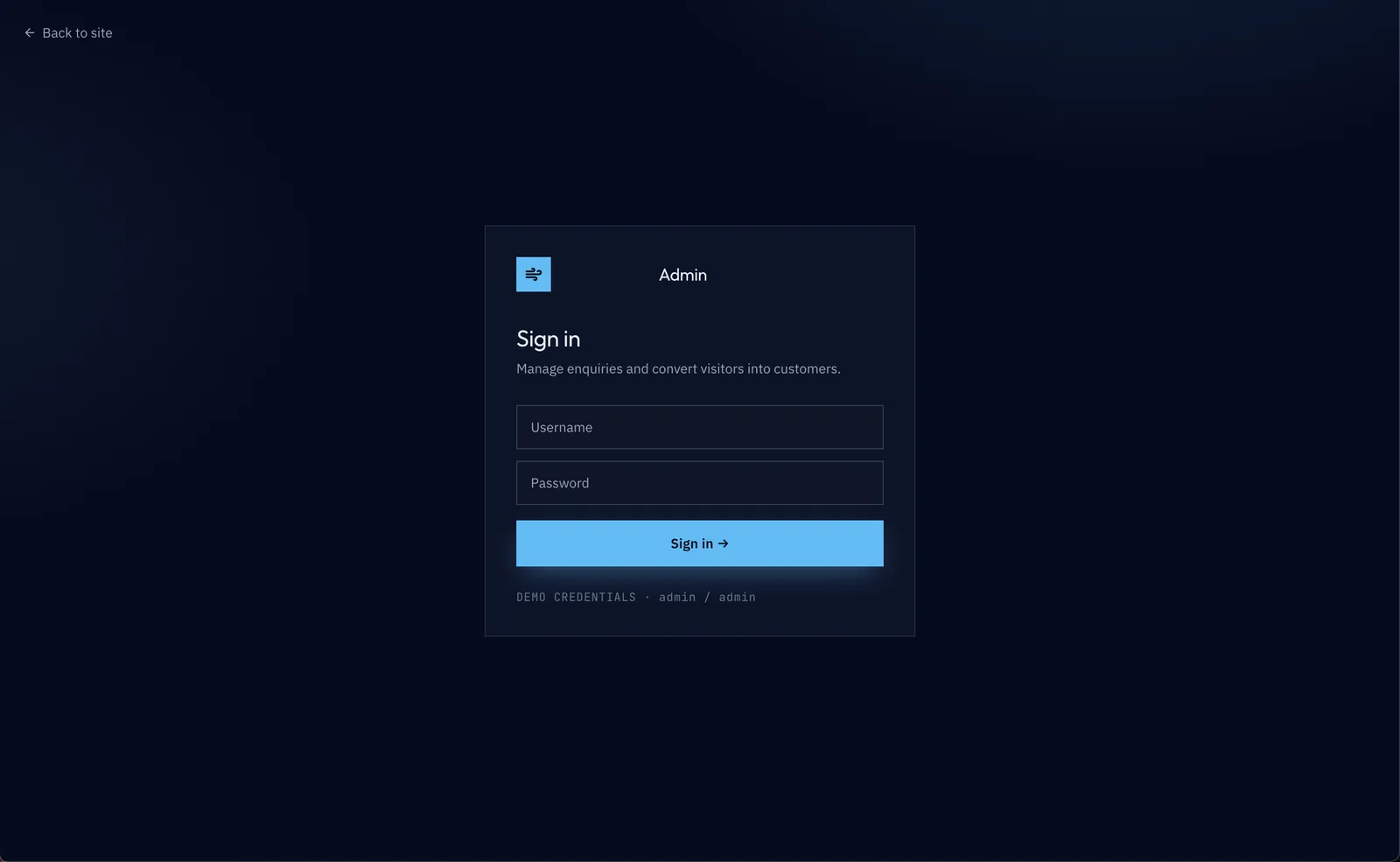 Admin sign-in screen for the staff-side system