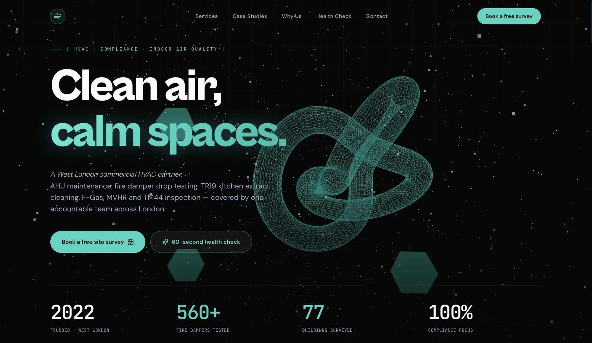 Commercial services website hero reading Clean air, calm spaces