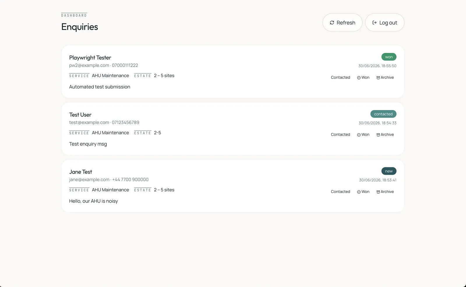 Enquiry pipeline with lead cards and status controls
