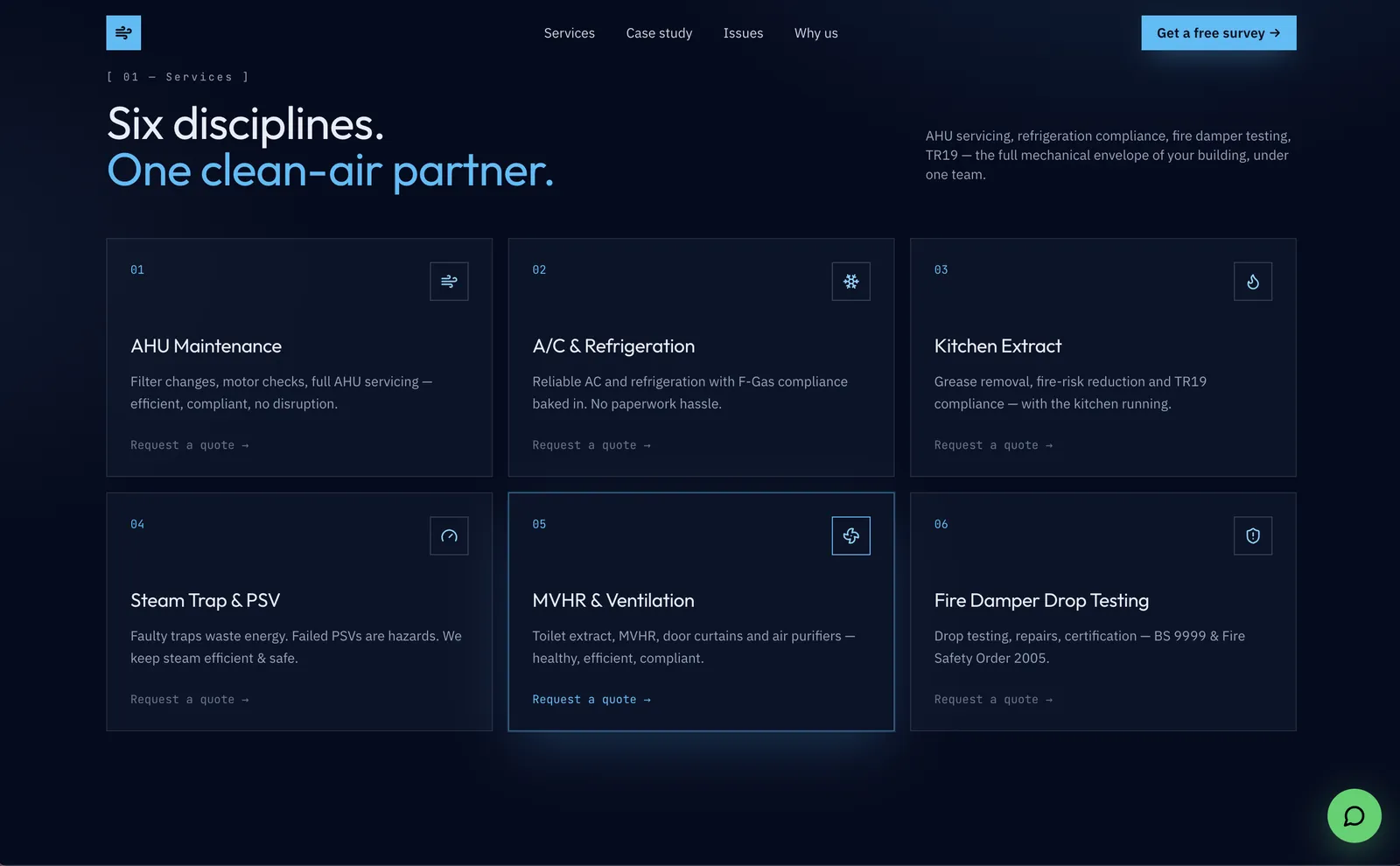 Services page listing six disciplines, each with a request-a-quote link