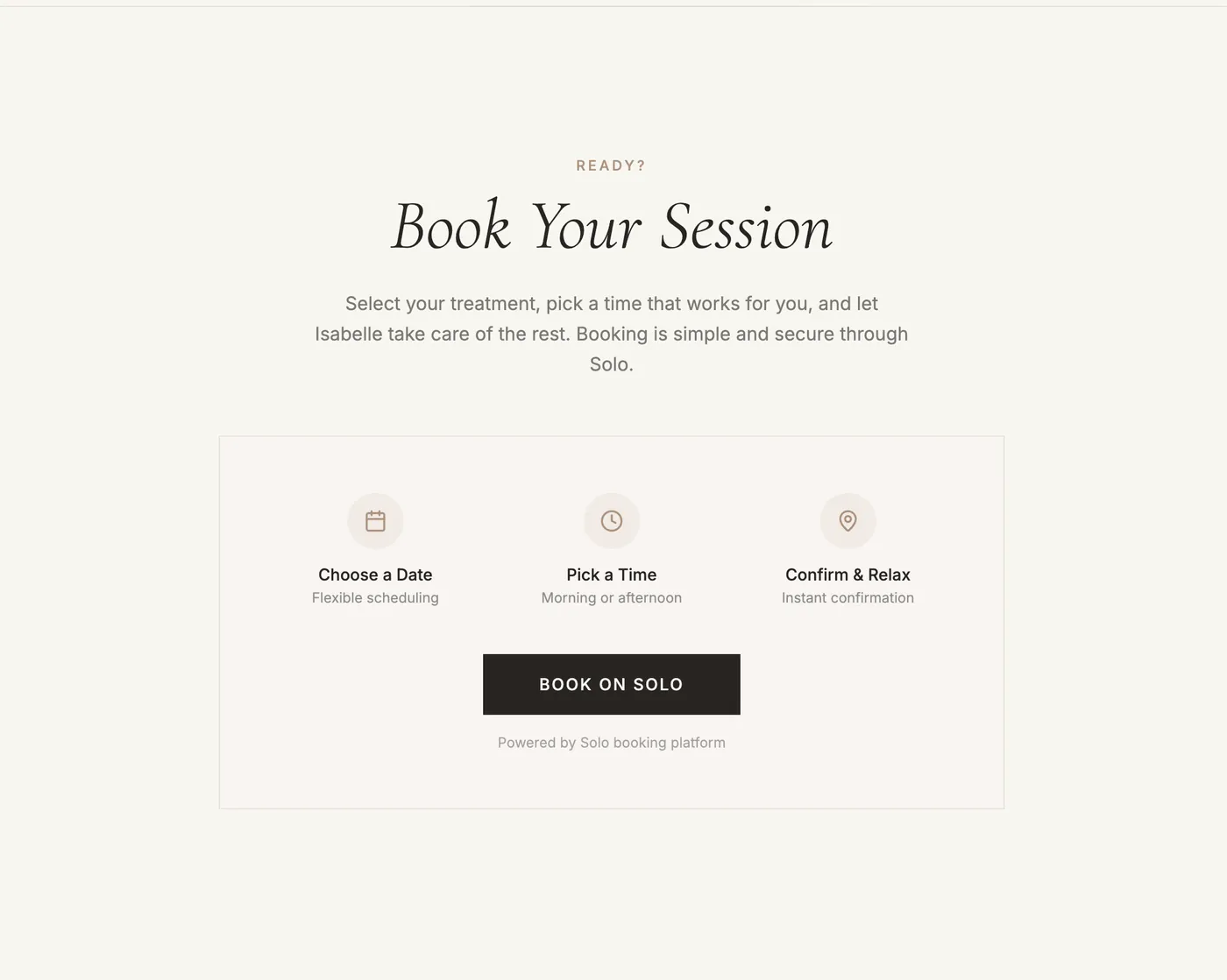 Session booking flow: choose a date, pick a time, confirm