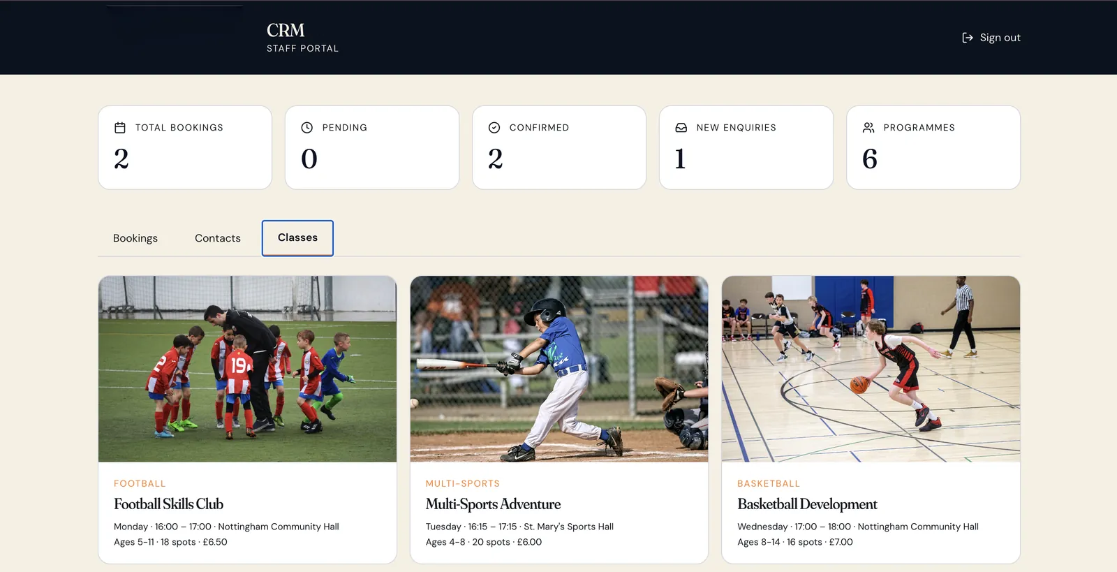Staff portal showing bookings, enquiries and class management