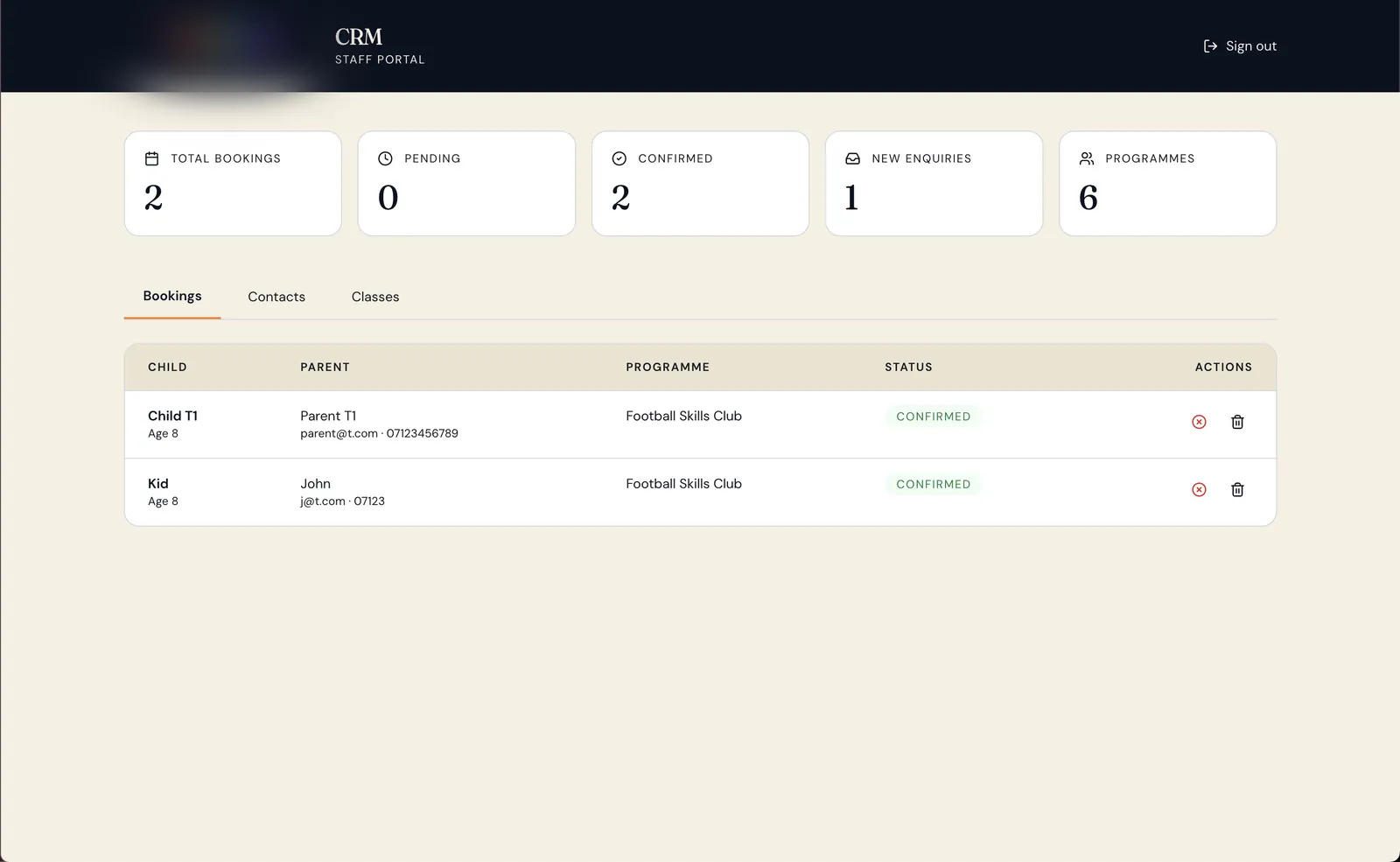 CRM view with total bookings, pending, confirmed and new enquiry counts