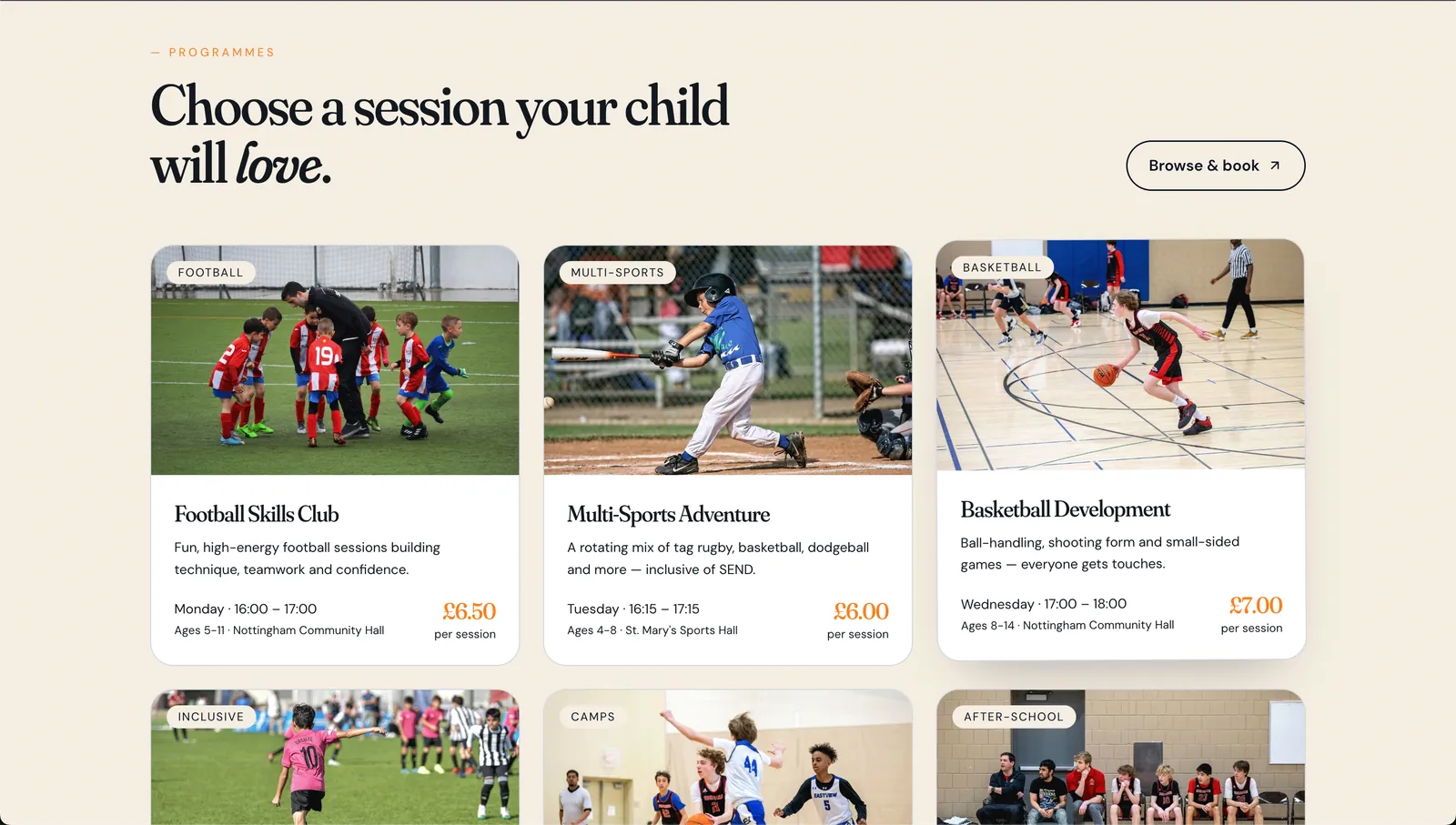 Session booking page with programmes, times and prices and a browse-and-book button