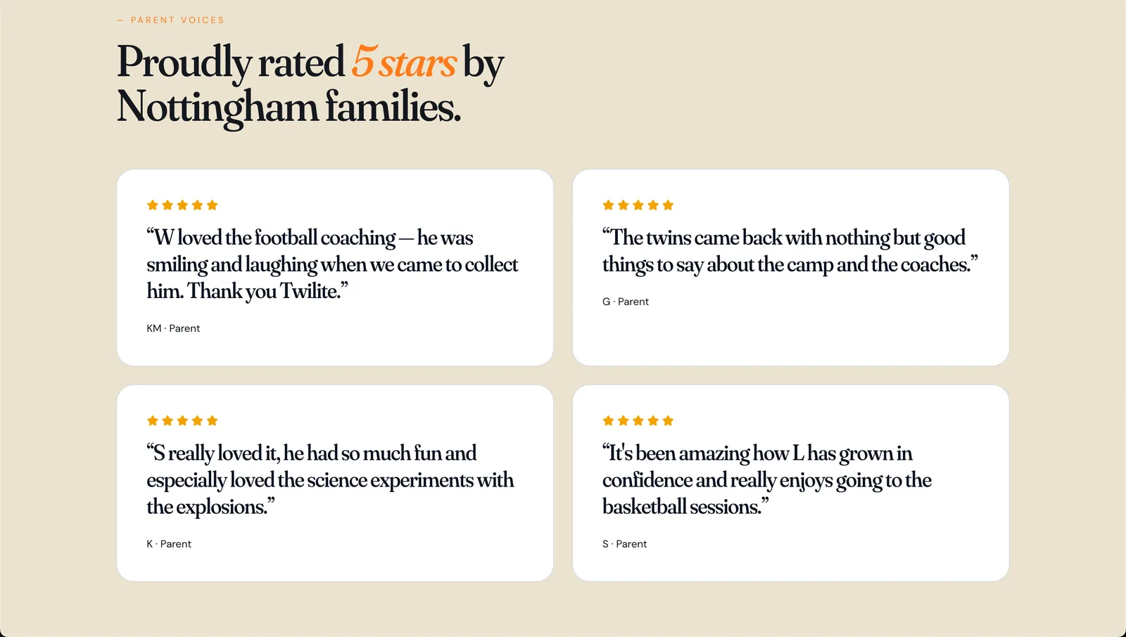Reviews page with five-star family testimonials